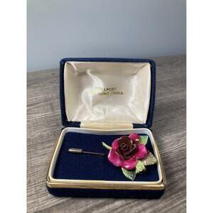 Vintage COALPORT BONE CHINA 3D Rose Stick Pin Brooch In Box